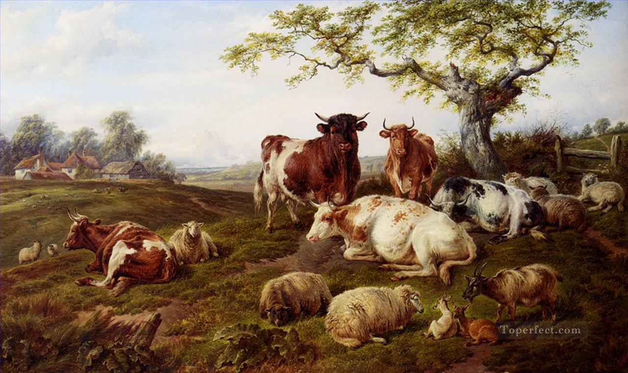 Rinder Schaf ruht und eine Farm über deer Ölgemälde